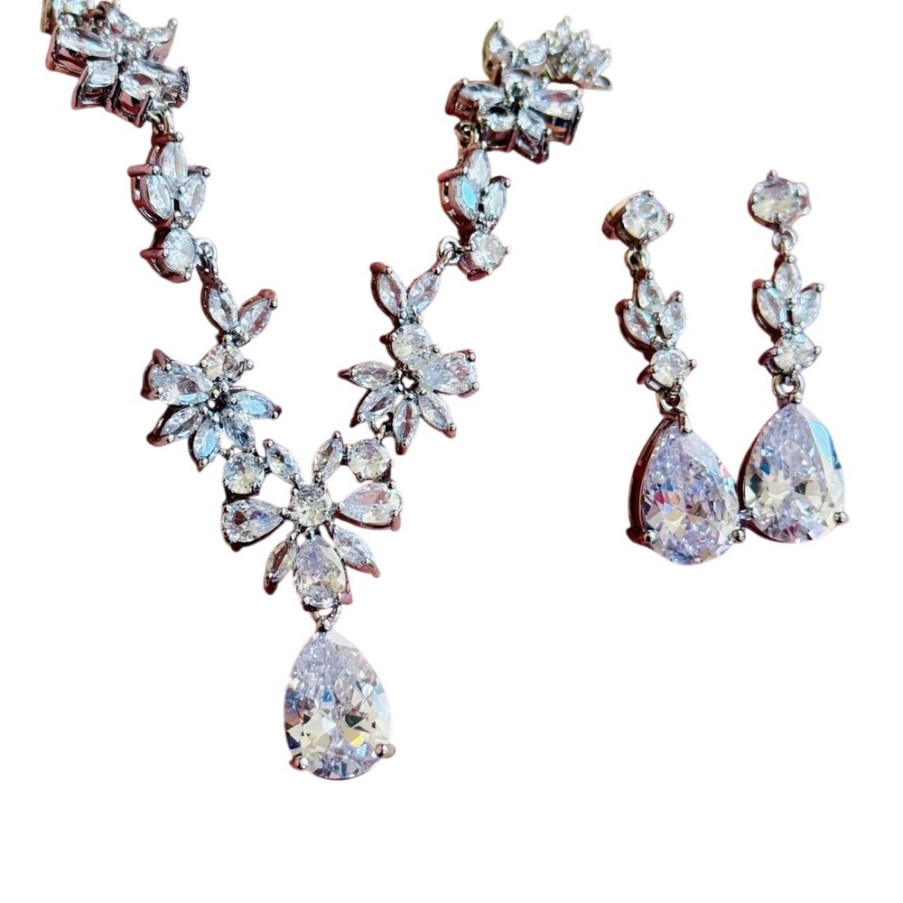 Regency Style Necklace‎ Earrings set crystal silver VTG Bridal Jeweled High end